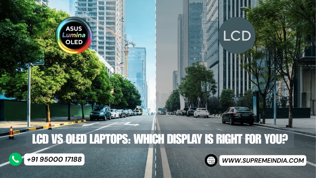 Comparison of LCD and OLED laptops showing display differences, available at Supreme Computers, trusted laptop dealer in Chennai