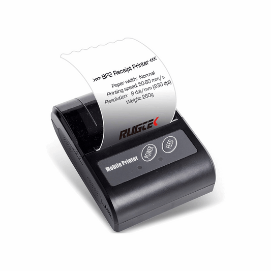 Rugtek BP02 Mobile Bluetooth Printer – 2" Print Width, 50-80mm/s, USB & BT, Barcode Support, 1500mAh Battery, Leather Pouch, 1 Year Warranty