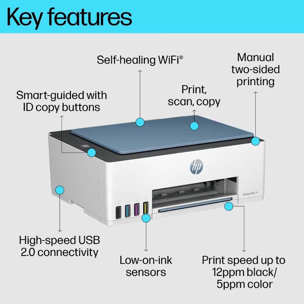 HP Smart Tank 585 (1F3Y4A) – Wireless All-in-One Ink Tank Printer, Copy/Scan/Print, 4000 Pages Black & 6000 Pages Color Yield, 1 Year Warranty - Top View
