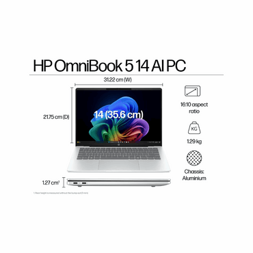 HP OmniBook 5 Snapdragon X1-26-100 14-he0014QU Laptop – 14" 2K OLED, 16GB LPDDR5X, 512GB SSD, Win 11 Copilot+, MS Office 2024, Backlit KB, Glacier Silver