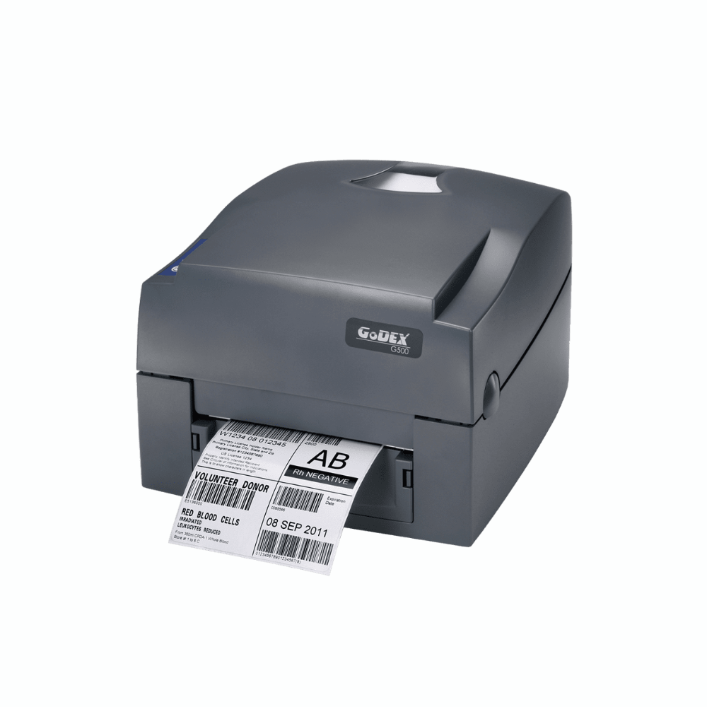 Godex G500 UES – 4" Desktop Thermal Transfer/Direct Thermal Printer, 203 dpi, 5 IPS, USB, Serial & Ethernet, India - Front View