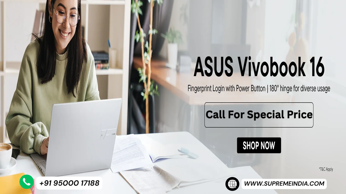ASUS Vivobook 16 laptop – large 16-inch display, fingerprint login, slim design – available at Supreme Computers, leading ASUS dealer in Chennai, Tamil Nadu