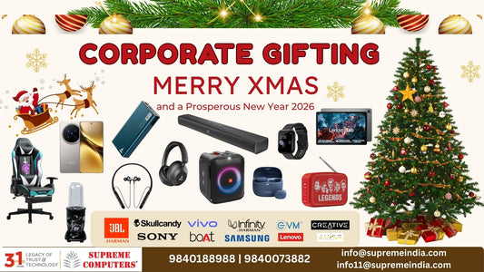 Best corporate tech gifts for Christmas and New Year 2026 including gadgets, audio and smart gifts from Supreme Computers Chennai