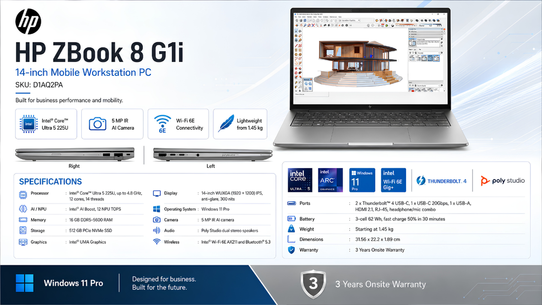 Buy HP ZBook 8 G1i D1AQ2PA with Intel Core Ultra 5, 16GB RAM and 512GB SSD from Supreme Computers, HP workstation dealer in Chennai.
