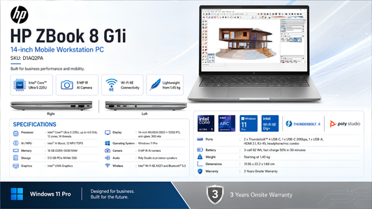 Buy HP ZBook 8 G1i D1AQ2PA with Intel Core Ultra 5, 16GB RAM and 512GB SSD from Supreme Computers, HP workstation dealer in Chennai.