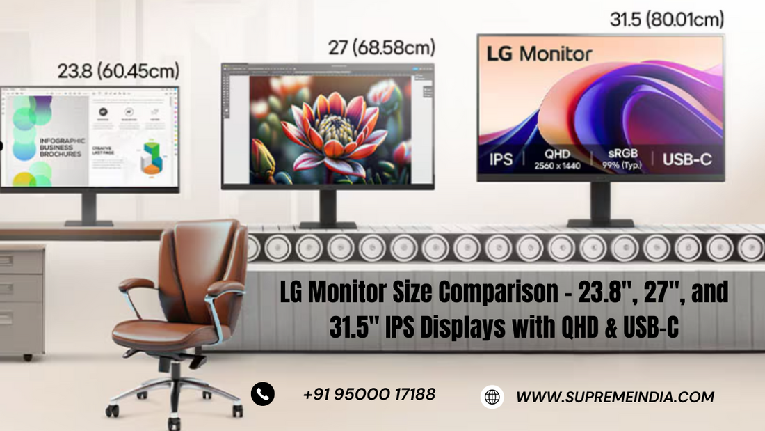 LG monitor size comparison showing 23.8-inch, 27-inch, and 31.5-inch IPS displays for office and professional use