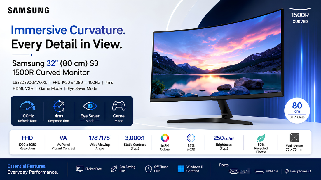  Samsung 32" S3 1500R Curved Monitor LS32D390GAWXXL , Samsung Monitor Dealer in chennai, Supreme Computers.