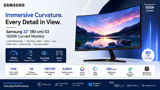  Samsung 32" S3 1500R Curved Monitor LS32D390GAWXXL , Samsung Monitor Dealer in chennai, Supreme Computers.