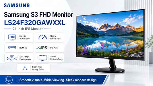 Buy Samsung S3 LS24F320GAWXXL 24-inch FHD Monitor with IPS panel, 120Hz refresh rate, HDMI x 2 and sleek 3-side borderless design in Chennai.