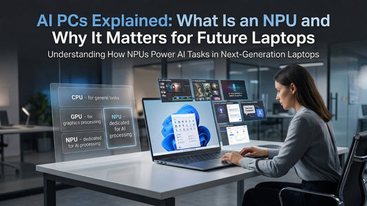 AI PC laptop with NPU showing real-time AI processing, smart features, and enhanced productivity performance