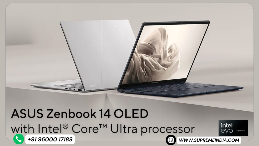 ASUS Zenbook 14 OLED laptop powered by Intel Core Ultra AI processor with premium slim design and OLED display available at Supreme Computers Chennai Tamil Nadu