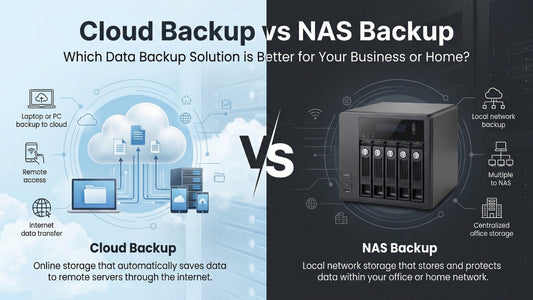 Cloud Backup vs NAS Backup comparison showing differences in speed, security, cost, and hybrid data backup strategy for business and home users in 2026