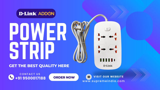 D-Link AddOn Power Strip featuring universal sockets and USB ports — safe power protection device available at Supreme Computers, leading IT retailer in Chennai, Tamil Nadu.