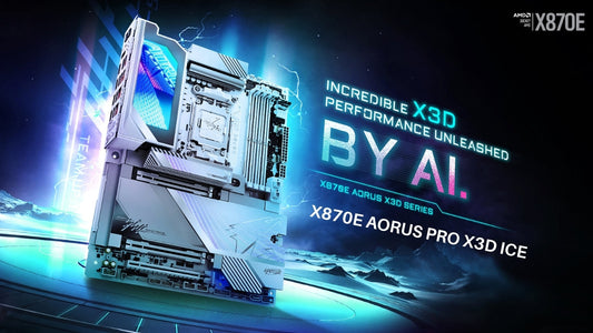Gigabyte X870E AORUS Pro X3D ICE motherboard designed for AI-powered computing, X3D gaming, DDR5 memory, and PCIe Gen 5 performance