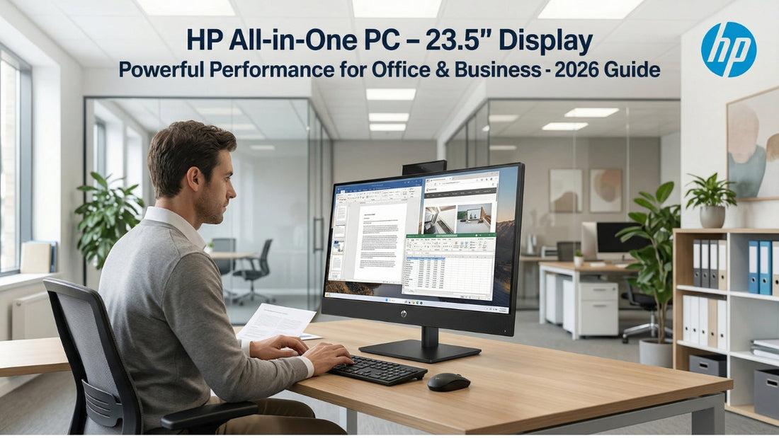 HP 23.5 inch All-in-One Desktop PC for office and business productivity in a modern workspace environment