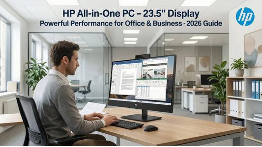 HP 23.5 inch All-in-One Desktop PC for office and business productivity in a modern workspace environment