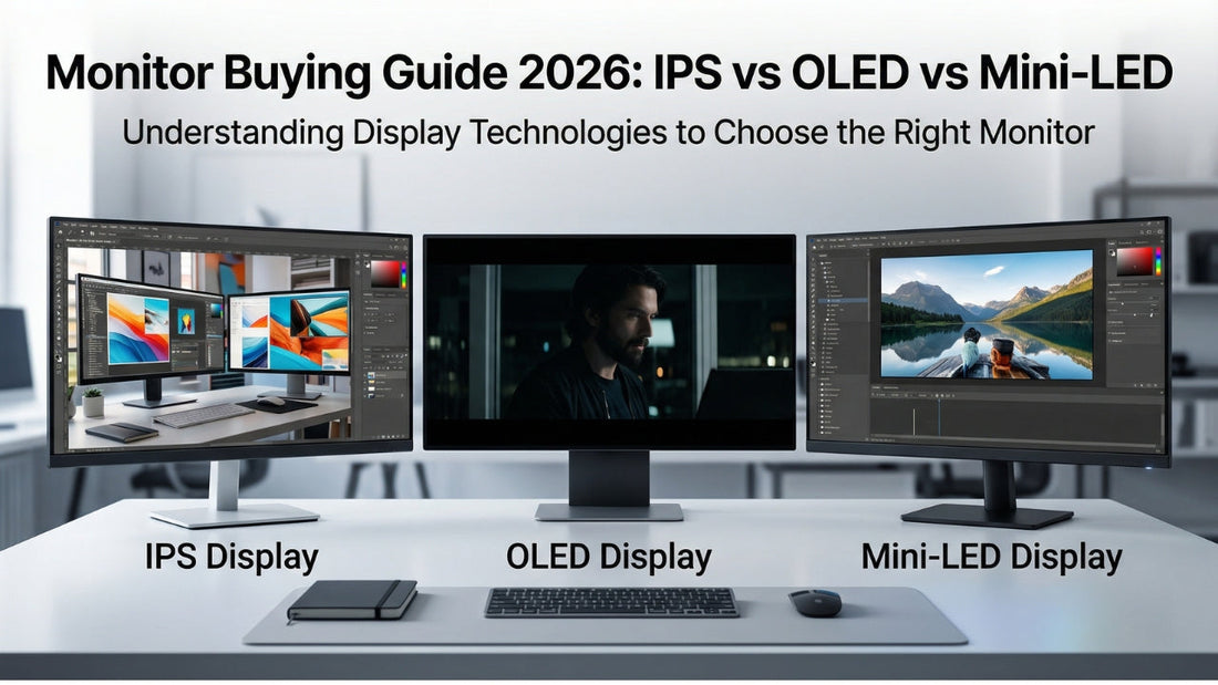 IPS vs OLED vs Mini-LED monitor display technology comparison showing differences in color accuracy, brightness, HDR performance, and panel technology for professional monitors.
