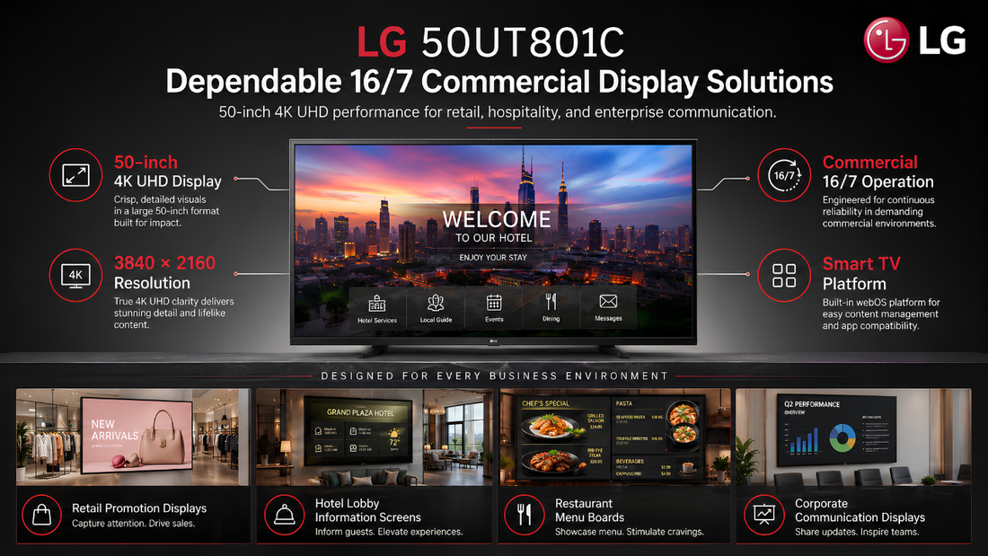 LG 50UT801C 50-inch 4K UHD commercial display with 16/7 reliable performance for retail, hospitality, and business signage dealer in Chennai Tamil Nadu