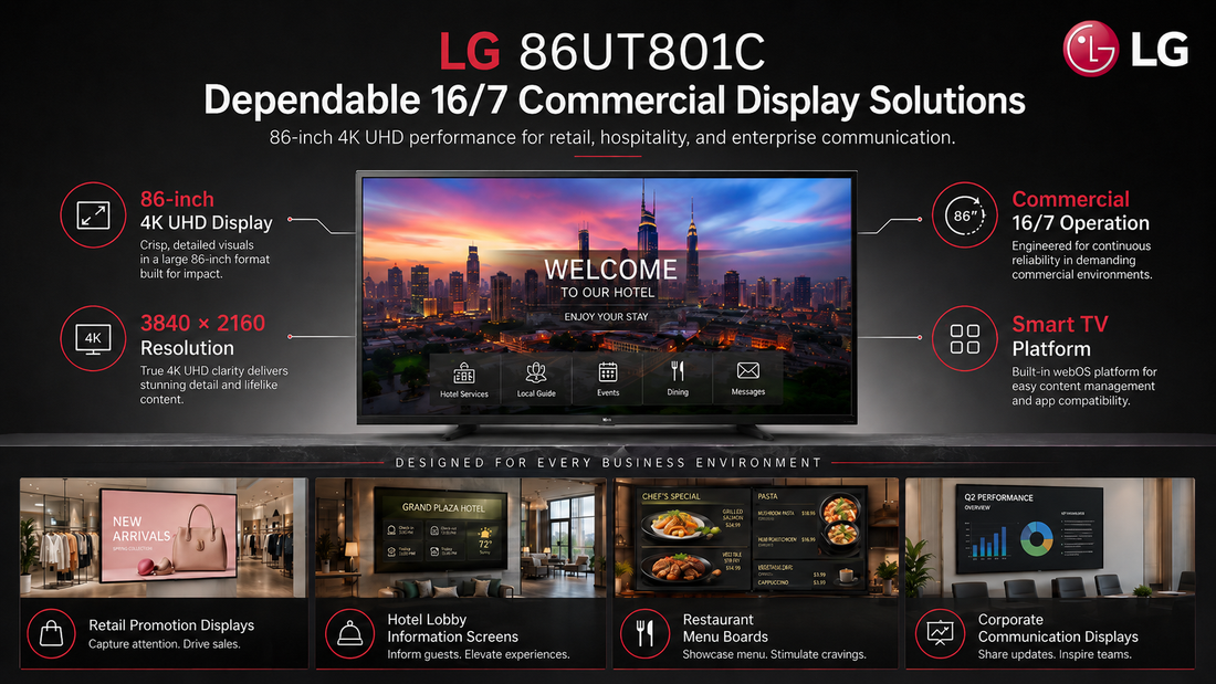 LG 86UT801C 86-inch 4K UHD commercial display with 16/7 reliable performance for retail, hospitality, and business signage dealer in Chennai Tamil Nadu