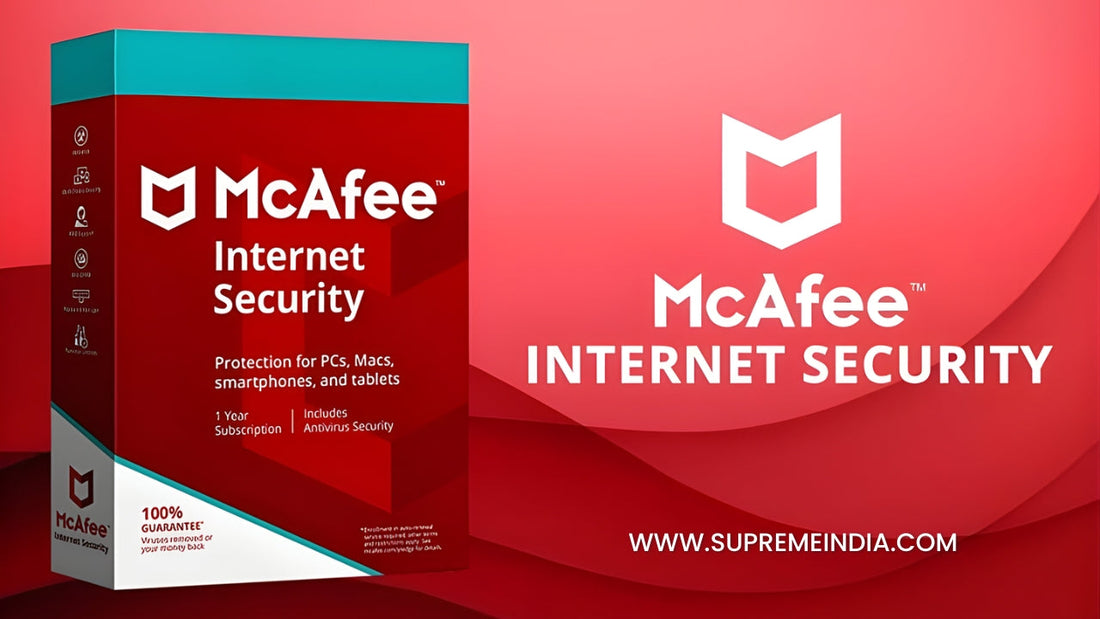 McAfee Internet Security antivirus software box for PC, Mac and mobile available in Chennai from Supreme Computers Tamil Nadu reseller