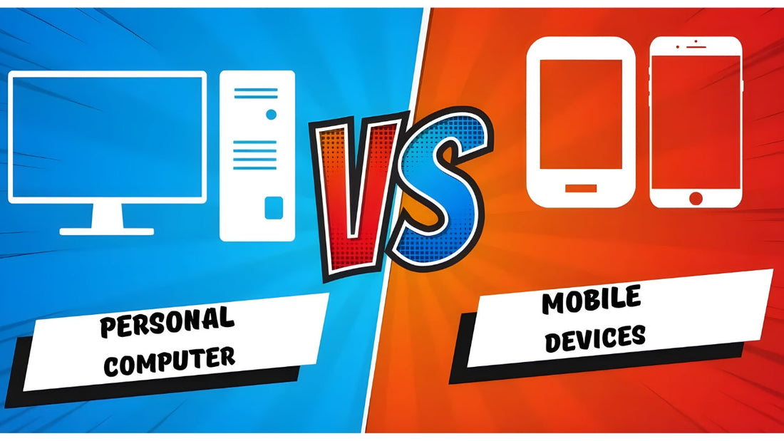 Personal computer vs mobile devices comparison showing desktop, laptop, tablet and smartphone usage for work, education and productivity
