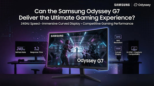 Samsung Odyssey G7 gaming monitor featuring 240Hz refresh rate, QHD 2560×1440 resolution, 1ms response time, and immersive 1000R curved display for high-performance gaming