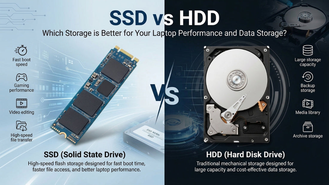 SSD vs HDD comparison showing speed, performance, and storage differences for laptops in 2026, highlighting best storage options available from dealer in Chennai, Tamil Nadu