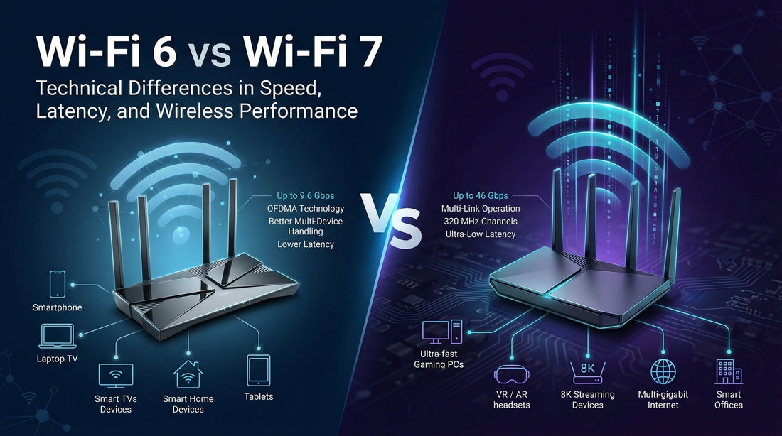 Wi-Fi 6 vs Wi-Fi 7 technical comparison showing speed, latency, 320 MHz channels and multi-link wireless networking technology
