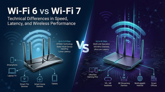 Wi-Fi 6 vs Wi-Fi 7 technical comparison showing speed, latency, 320 MHz channels and multi-link wireless networking technology