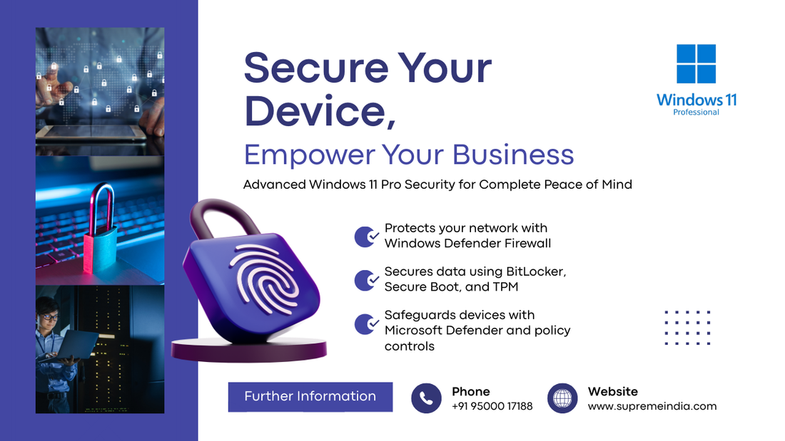 Windows 11 Pro security features for business including TPM 2.0, BitLocker encryption and Microsoft Defender – Supreme Computers Chennai