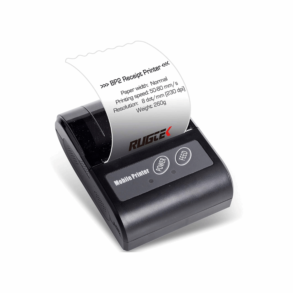 Rugtek BP02 Mobile Bluetooth Printer – 2" Print Width, 50-80mm/s, USB & BT, Barcode Support, 1500mAh Battery, Leather Pouch, 1 Year Warranty