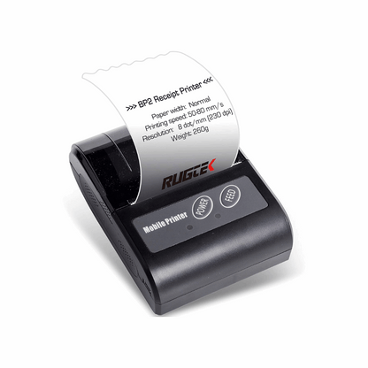 Rugtek BP02 Mobile Bluetooth Printer – 2" Print Width, 50-80mm/s, USB & BT, Barcode Support, 1500mAh Battery, Leather Pouch, 1 Year Warranty