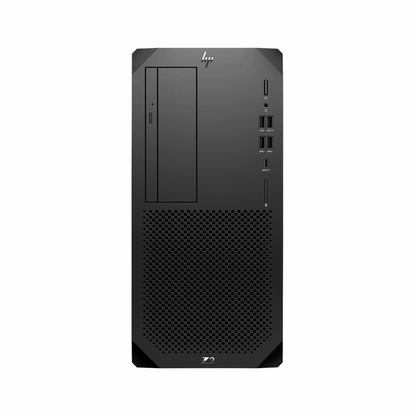 Black HP Z2 G9 Worskstation desktop computer tower on a white background, available at Supremecomputers