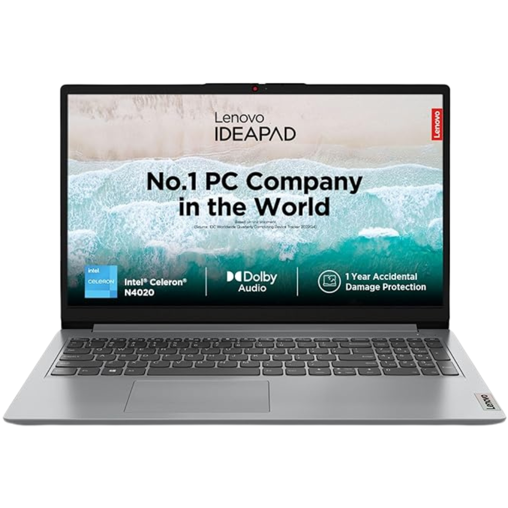 Lenovo IDEAPAD laptop displaying promotional screen with text "No.1 PC Company in the World," Intel Celeron N4020, Dolby Audio, and 1-Year Accidental Damage Protection; background shows aerial beach view