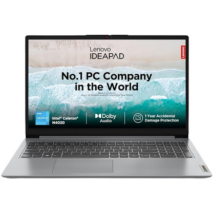 Lenovo IDEAPAD laptop displaying promotional screen with text "No.1 PC Company in the World," Intel Celeron N4020, Dolby Audio, and 1-Year Accidental Damage Protection; background shows aerial beach view