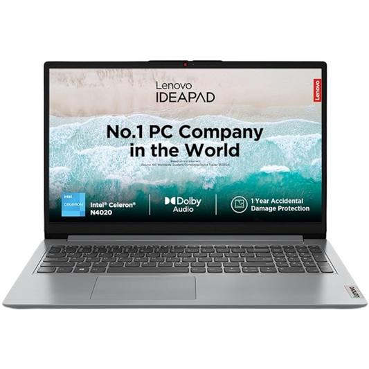 Lenovo IDEAPAD laptop displaying promotional screen with text "No.1 PC Company in the World," Intel Celeron N4020, Dolby Audio, and 1-Year Accidental Damage Protection; background shows aerial beach view
