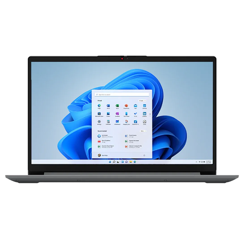 Laptop screen displaying Windows 11 start menu with icons for Microsoft Edge, File Explorer, and Settings, set against a blue abstract background.