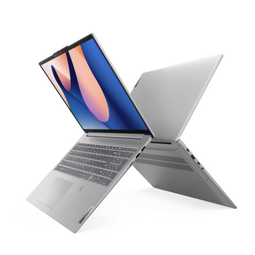 Lenovo Ideapad Slim 3 Arctic Grey laptop in an open X-shaped dual-position display, showing slim bezels and backlit keyboard