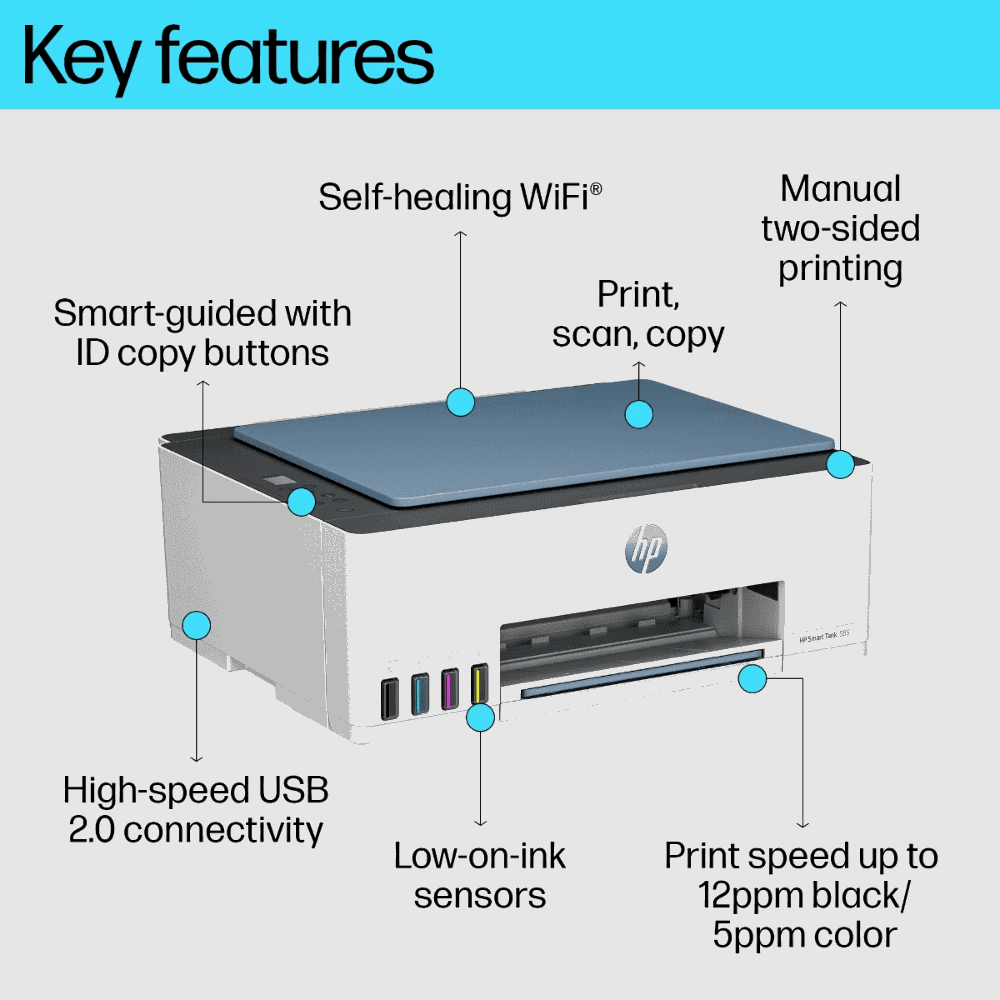 HP Smart Tank 580 (1F3Y2A) – Wireless All-in-One Ink Tank Printer, Copy/Scan/Print, 1 Year Warranty + 1 Year Additional on Registration - Front View