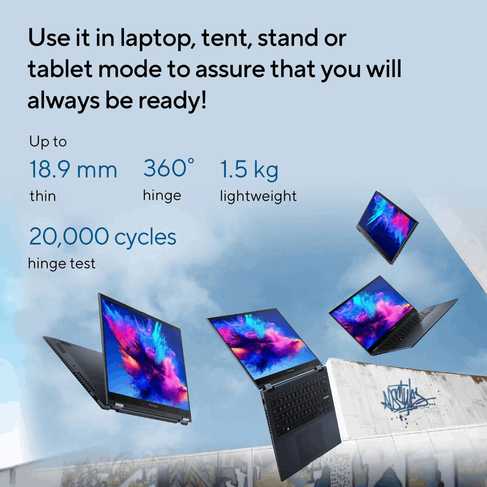 ASUS Vivobook S14 Flip TP3402VAO-LZ612WS – Intel® Core™ i5-13420H, 14" WUXGA Touch, 16GB DDR4, 512GB SSD, Backlit KB, Win 11 Home, MS Office 2024, 1 Year Warranty - Spec View