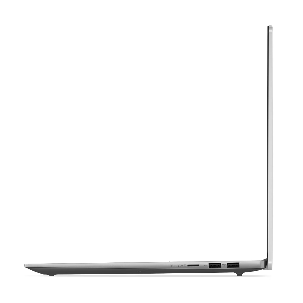 Side profile of Lenovo Ideapad Slim 3 Arctic Grey laptop open at 90 degrees, showcasing ultra-thin design and side ports