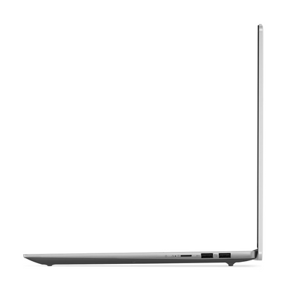 Side profile of Lenovo Ideapad Slim 3 Arctic Grey laptop open at 90 degrees, showcasing ultra-thin design and side ports