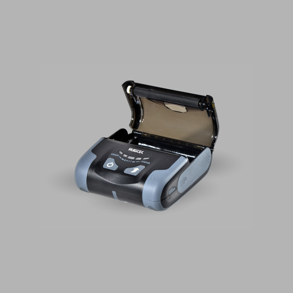 Rugtek BP-03 Mobile Bluetooth & USB Receipt Printer – 3" Print Width, 75mm/s, 2000mAh Battery, Barcode Support, 1 Year Warranty - Open Front View