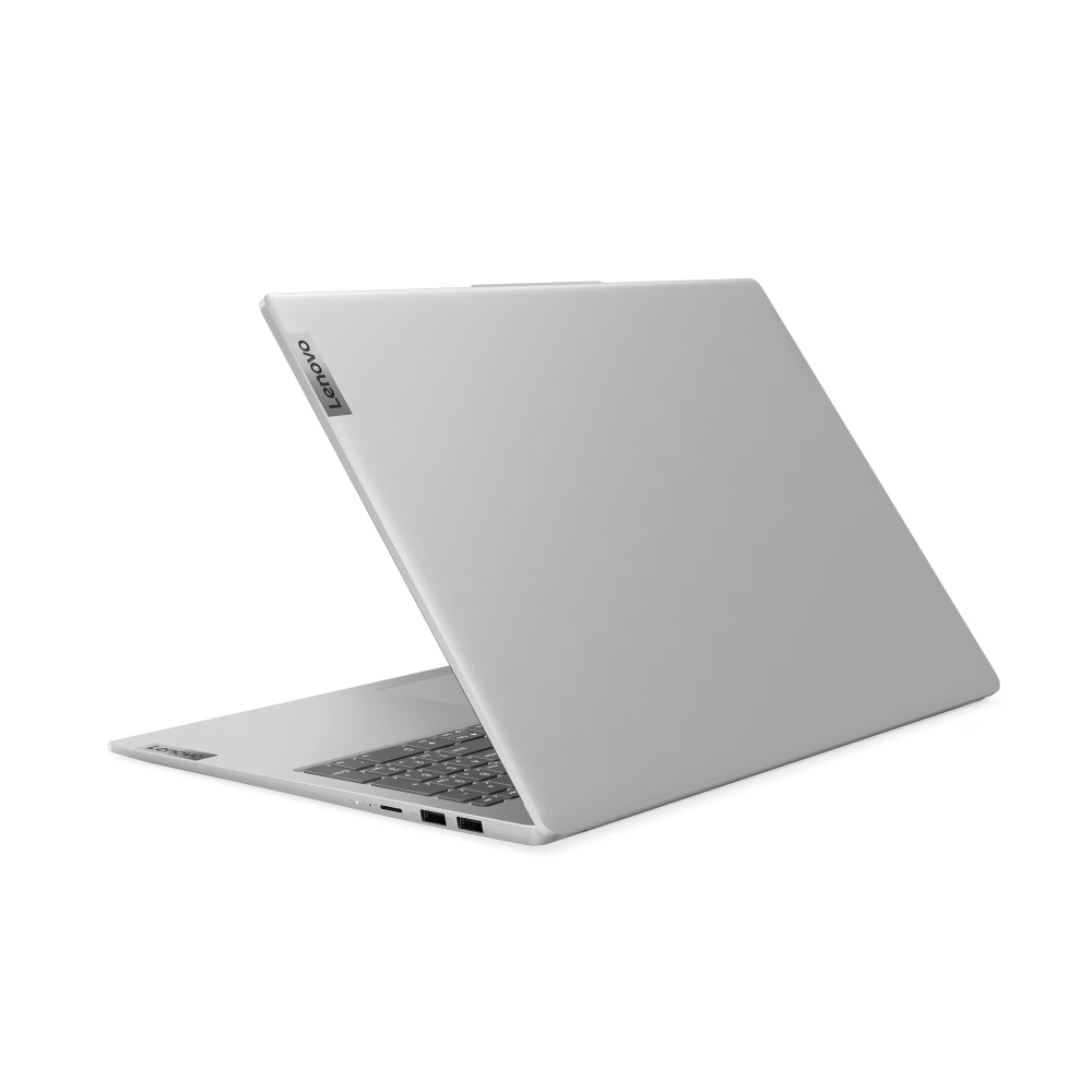 Rear view of Lenovo Ideapad Slim 3 Arctic Grey laptop partially open, highlighting sleek metallic design and Lenovo branding