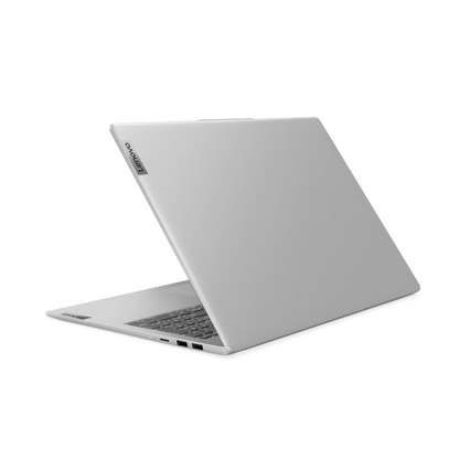 Rear view of Lenovo Ideapad Slim 3 Arctic Grey laptop partially open, highlighting sleek metallic design and Lenovo branding