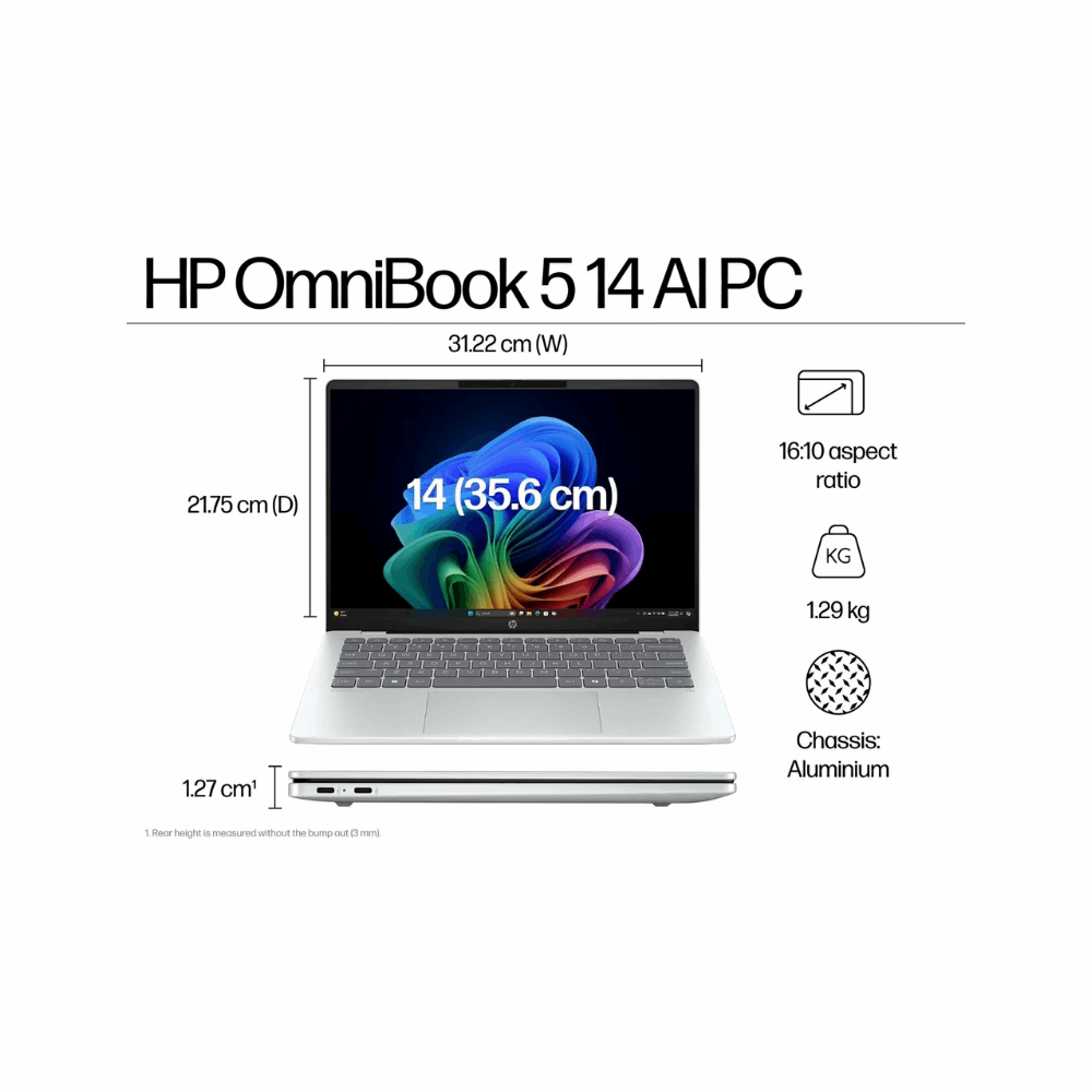 HP OmniBook 5 Snapdragon X1-26-100 14-he0014QU Laptop – 14" 2K OLED, 16GB LPDDR5X, 512GB SSD, Win 11 Copilot+, MS Office 2024, Backlit KB, Glacier Silver
