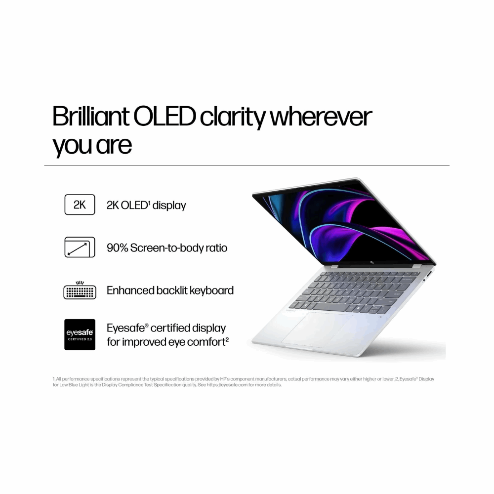 HP OmniBook 5 Snapdragon X1-26-100 14-he0014QU Laptop – 14" 2K OLED, 16GB LPDDR5X, 512GB SSD, Win 11 Copilot+, MS Office 2024, Backlit KB, Glacier Silver