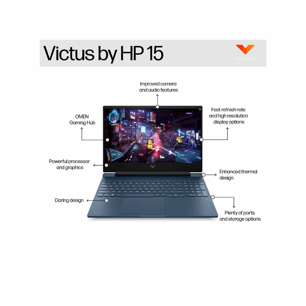 HP Victus Gaming Laptop 15-fa2191TX – 15.6" FHD IPS 144Hz, 16GB RAM, 512GB SSD, RTX 3050A 4GB, Win 11, MS Office 2024, Backlit KB, Performance Blue