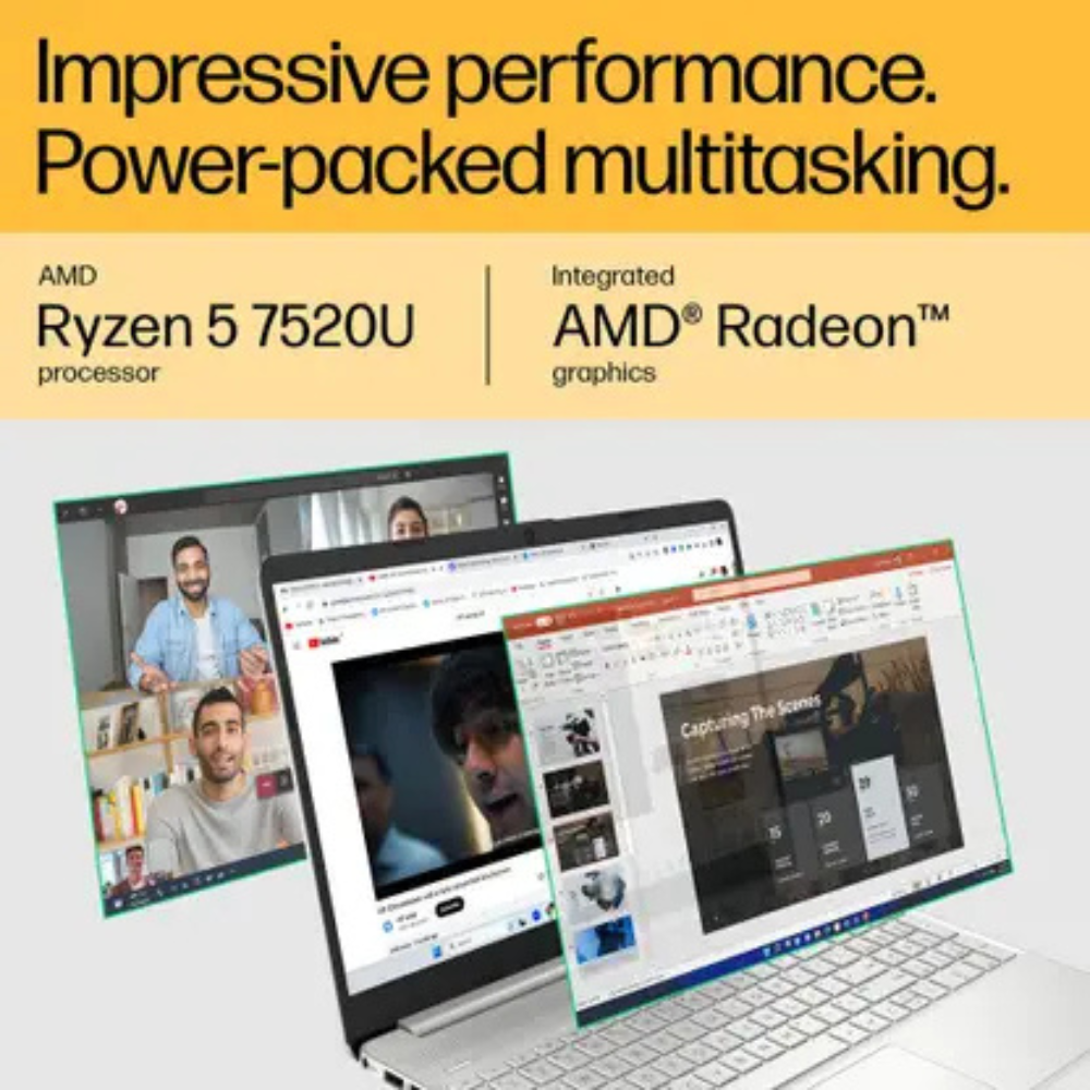 HP 15s Ryzen 5 7520U 15-fc0028AU Laptop – 15.6" FHD, 8GB RAM, 512GB SSD, Win 11, MS Office, Backlit Keyboard, Natural Silver
