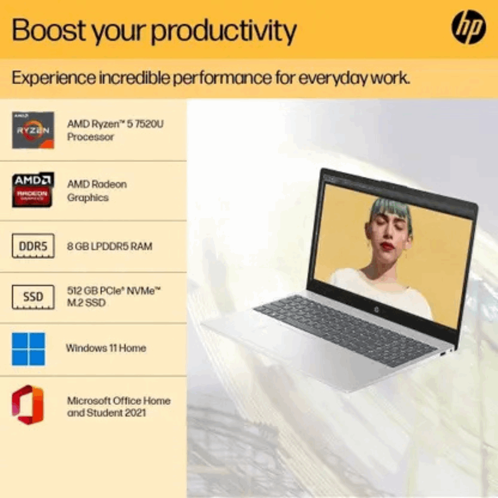 HP 15s Ryzen 5 7520U 15-fc0028AU Laptop – 15.6" FHD, 8GB RAM, 512GB SSD, Win 11, MS Office, Backlit Keyboard, Natural Silver